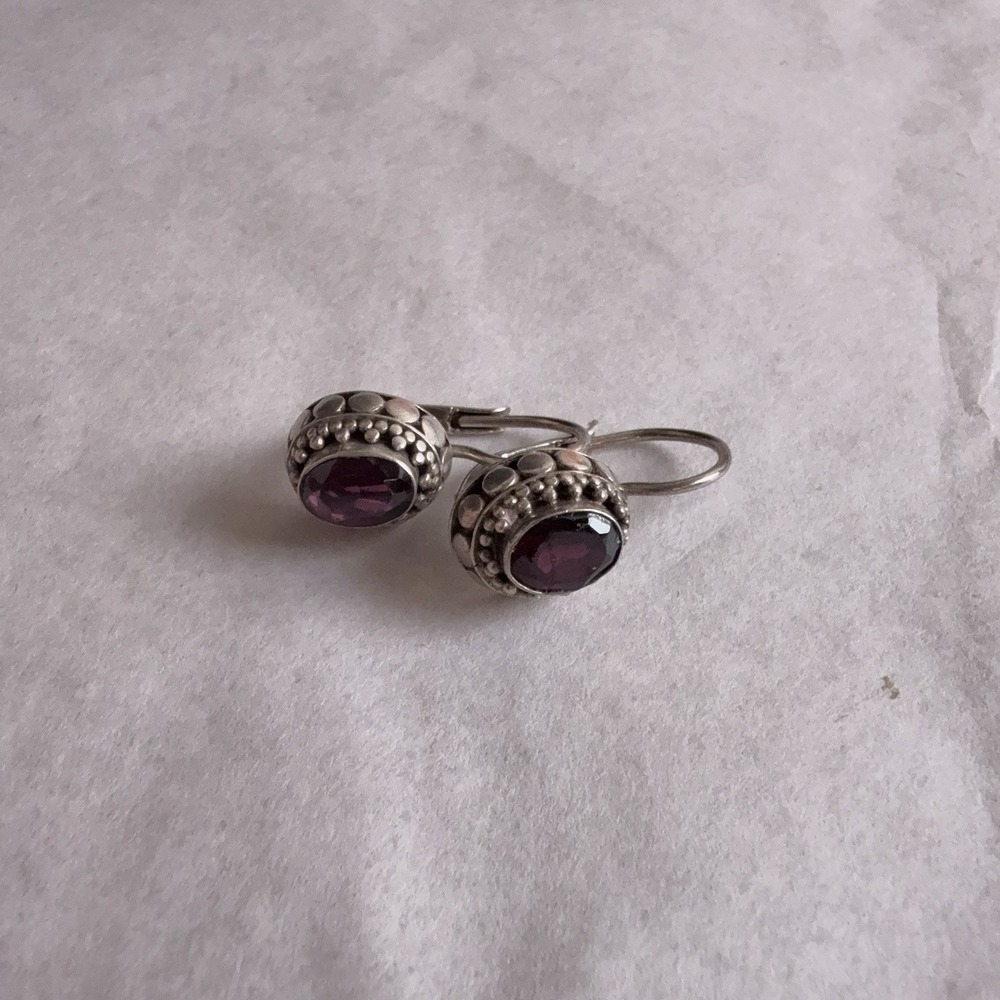 FAS Sterling Silver 925 Purple Stone Oval Dangle Drop Earrings Leverback Womens